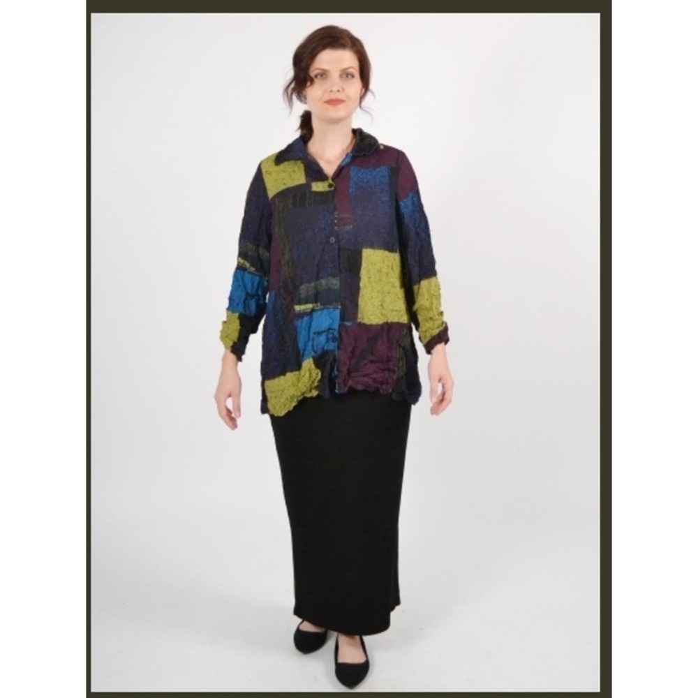 Liv By Habitat Sz L Event Shirt Crinkle Abstract Artsy Blue Geometric Pattern